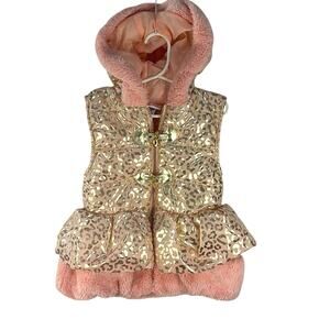 Little Lass Peachy Pink with Shiny Gold Animal Print Hoodie Puffer Vest Size 6X